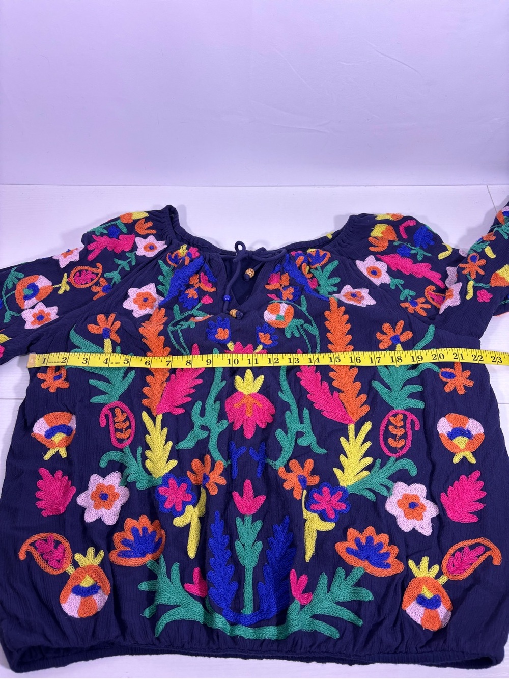 Soft Surroundings Embroidered Peasant Blouse Navy Floral Boho XL - Picture 5 of 8